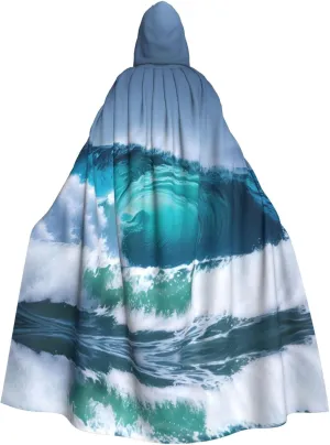 Ocean Wave Print Halloween Cloak Men Cape Renaissance Cloak With Hood, For Adult Cosplay Party Costume