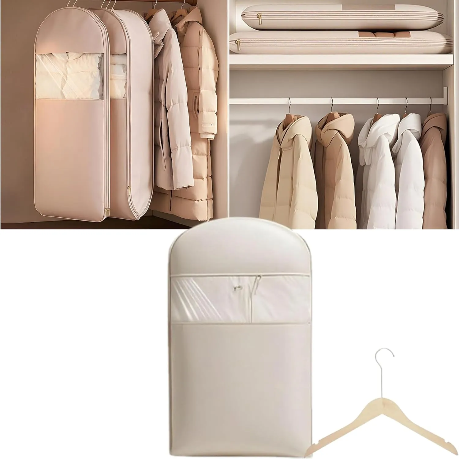 Otherwise Garment Bag, Space Saving Hanging Garment Bag with Self Compression Zipper,Dust Cover Clothes Bags for Down Coat,Space Saver Closet Organizers, for Closet Storage (Beige, M)