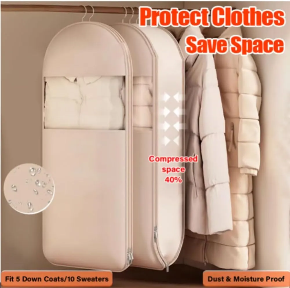 Otherwisie Space Saving Hanging Garment Bag with Self Compression Zipper, Dust Cover Clothes Bags for Down Coat (Pink, Beige) (Pink,S)