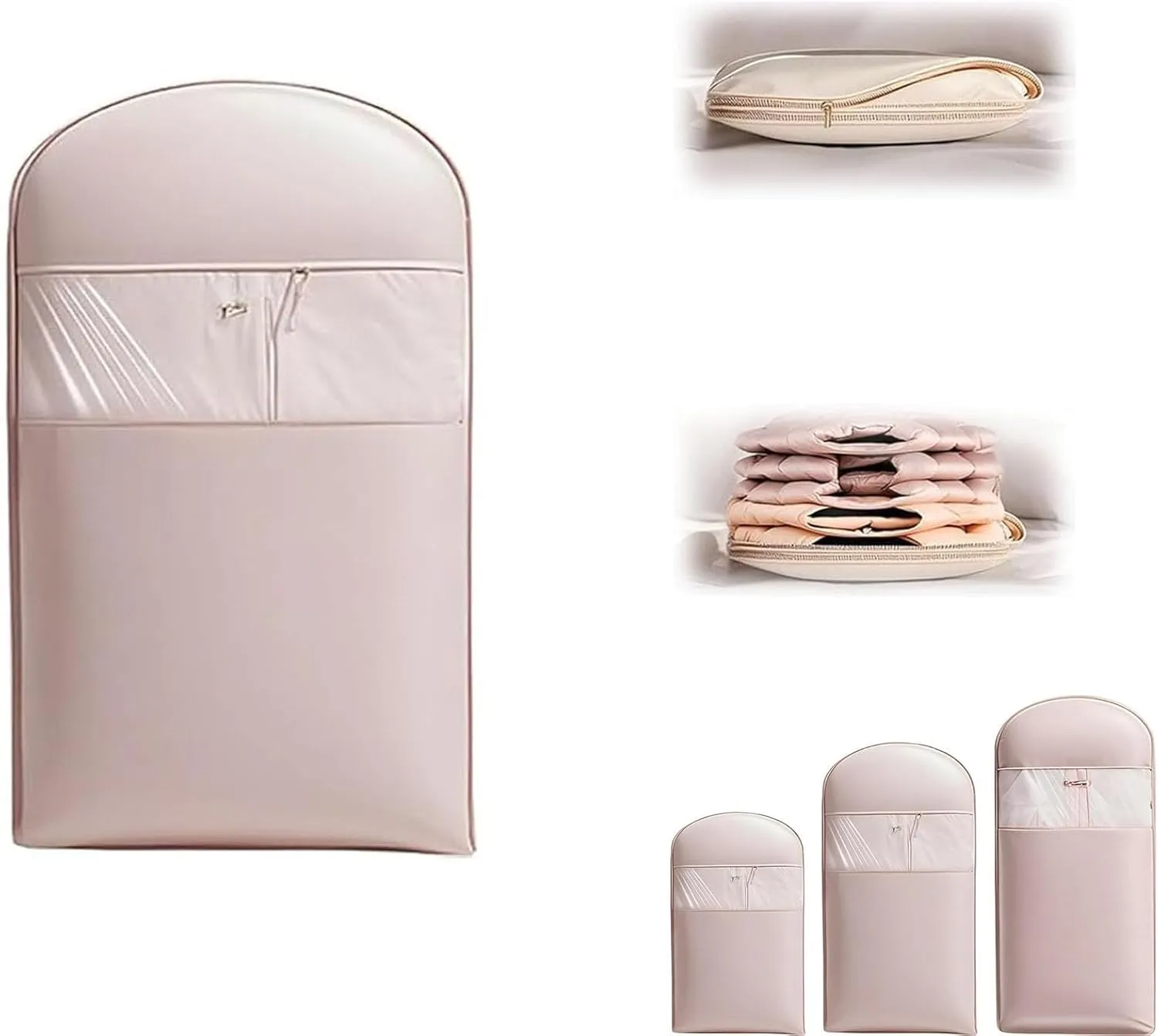 Otherwisie Space Saving Hanging Garment Bag with Self Compression Zipper, Dust Cover Clothes Bags for Down Coat (Pink, Beige) (Pink,S)