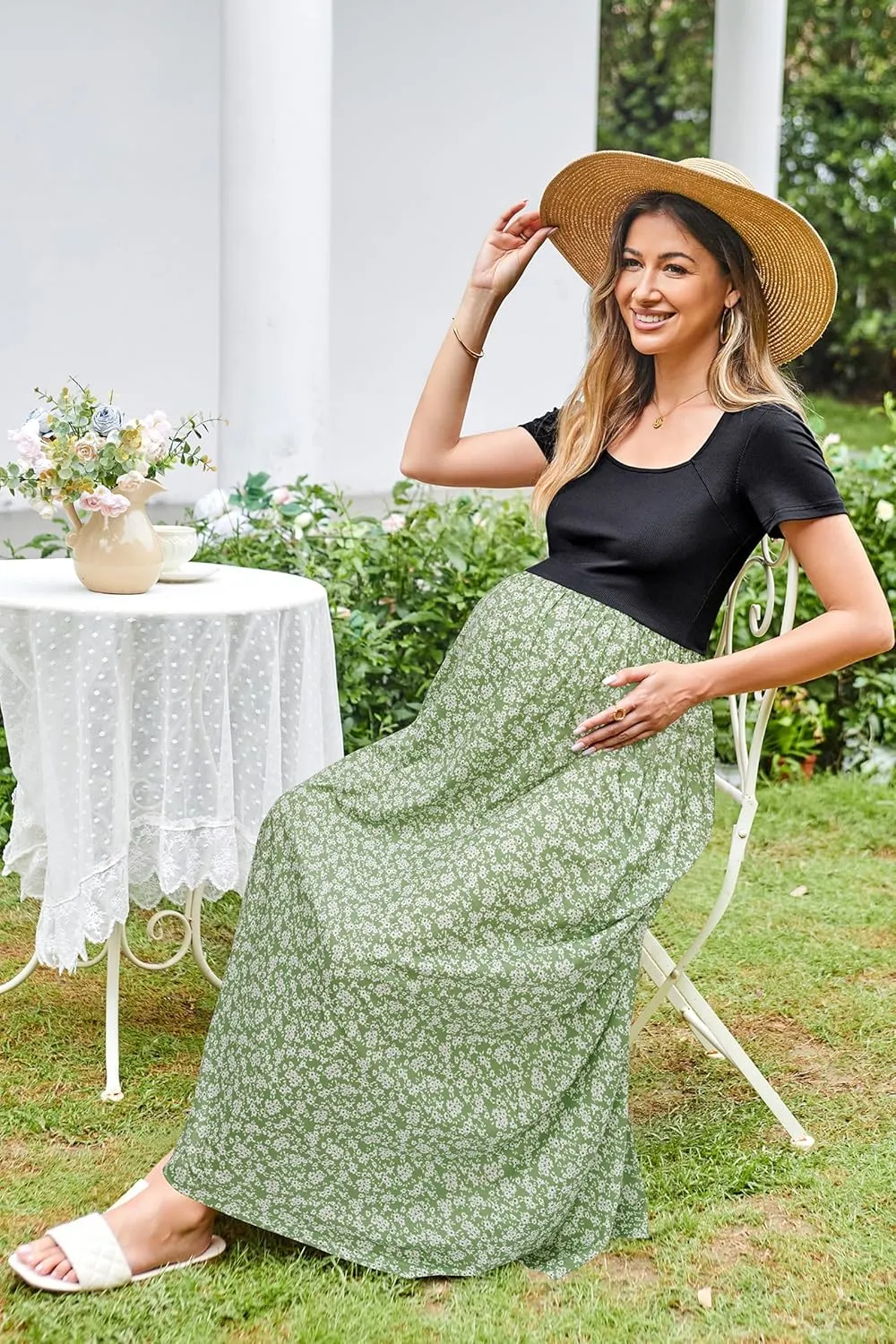OUGES Womens 2024 Summer Maternity Maxi Dress for Photoshoot Short Sleeve Baby Shower Casual Long Dress with Pockets