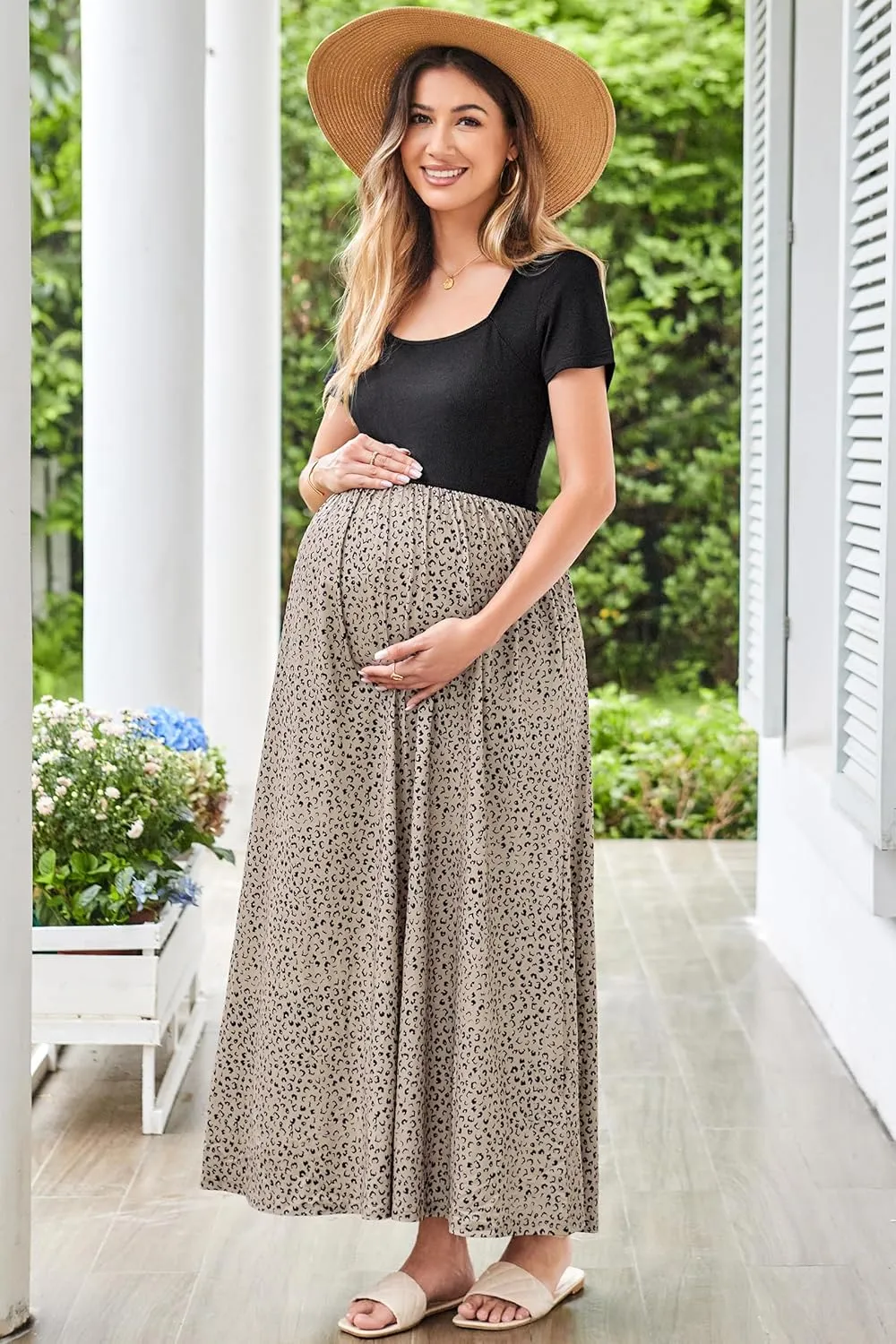 OUGES Womens 2024 Summer Maternity Maxi Dress for Photoshoot Short Sleeve Baby Shower Casual Long Dress with Pockets