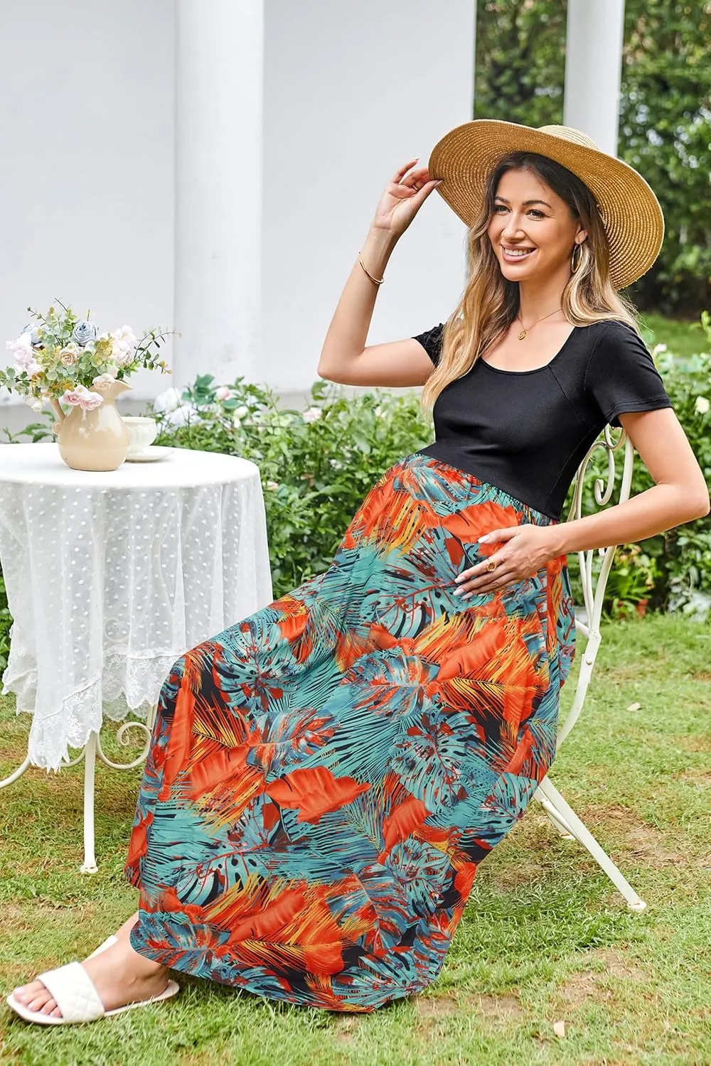 OUGES Womens 2024 Summer Maternity Maxi Dress for Photoshoot Short Sleeve Baby Shower Casual Long Dress with Pockets