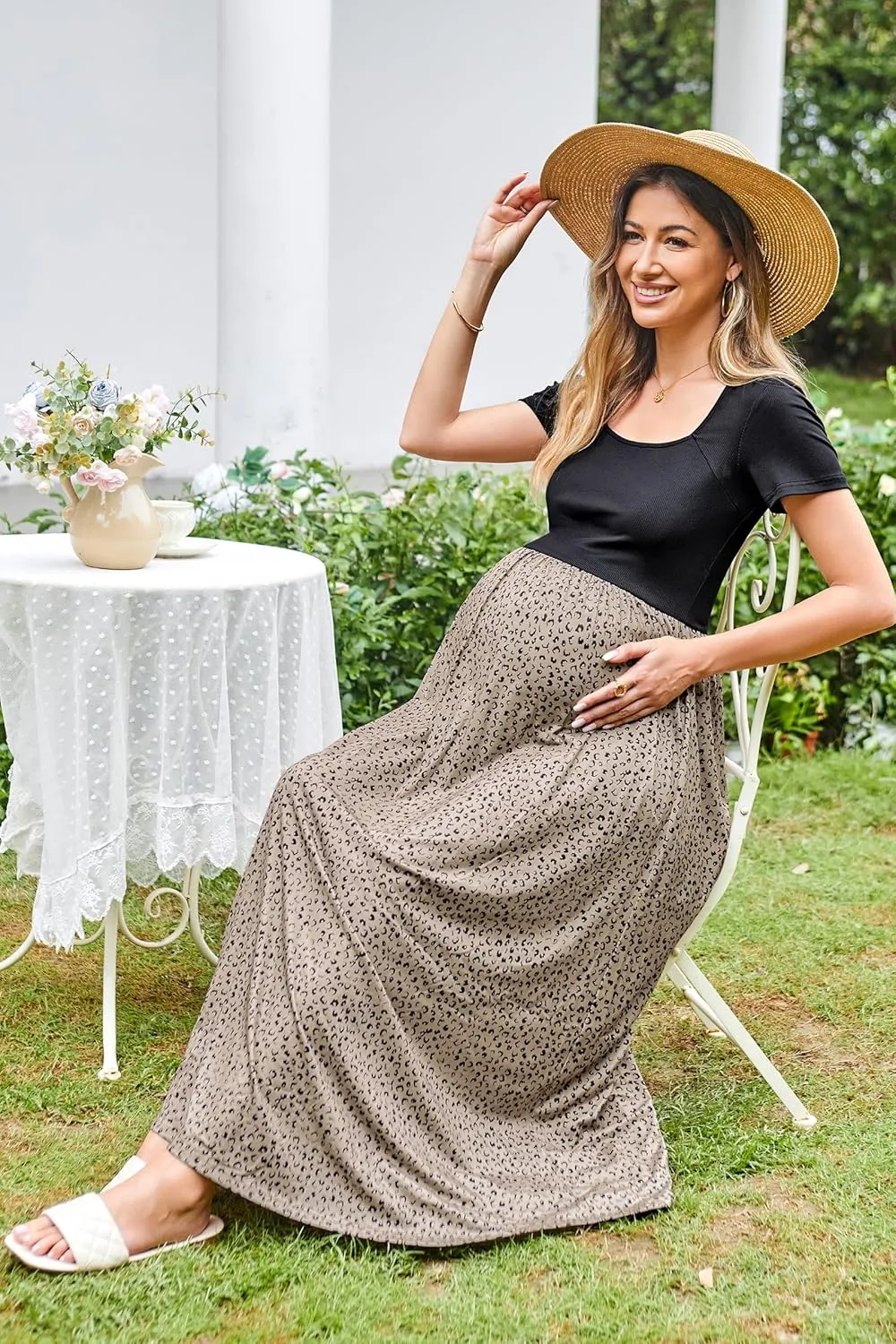 OUGES Womens 2024 Summer Maternity Maxi Dress for Photoshoot Short Sleeve Baby Shower Casual Long Dress with Pockets
