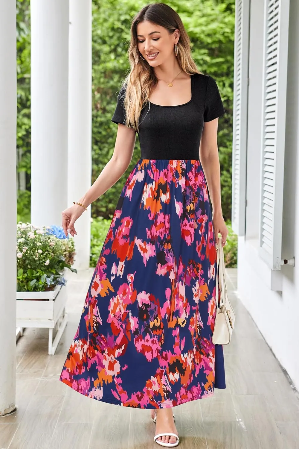 OUGES Womens 2024 Summer Maternity Maxi Dress for Photoshoot Short Sleeve Baby Shower Casual Long Dress with Pockets