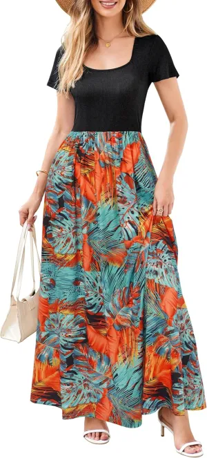 OUGES Womens 2024 Summer Maternity Maxi Dress for Photoshoot Short Sleeve Baby Shower Casual Long Dress with Pockets