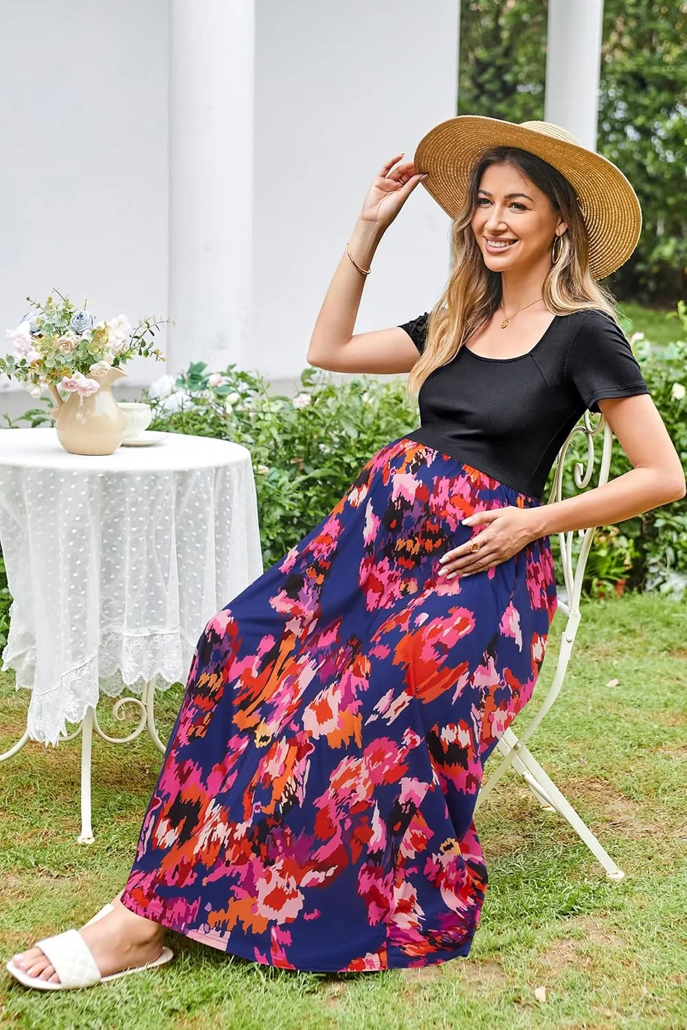 OUGES Womens 2024 Summer Maternity Maxi Dress for Photoshoot Short Sleeve Baby Shower Casual Long Dress with Pockets