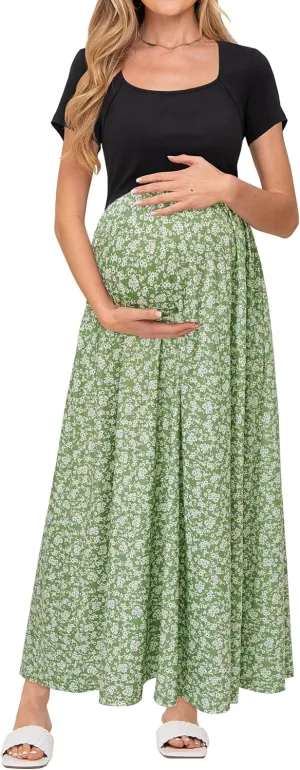 OUGES Womens 2024 Summer Maternity Maxi Dress for Photoshoot Short Sleeve Baby Shower Casual Long Dress with Pockets