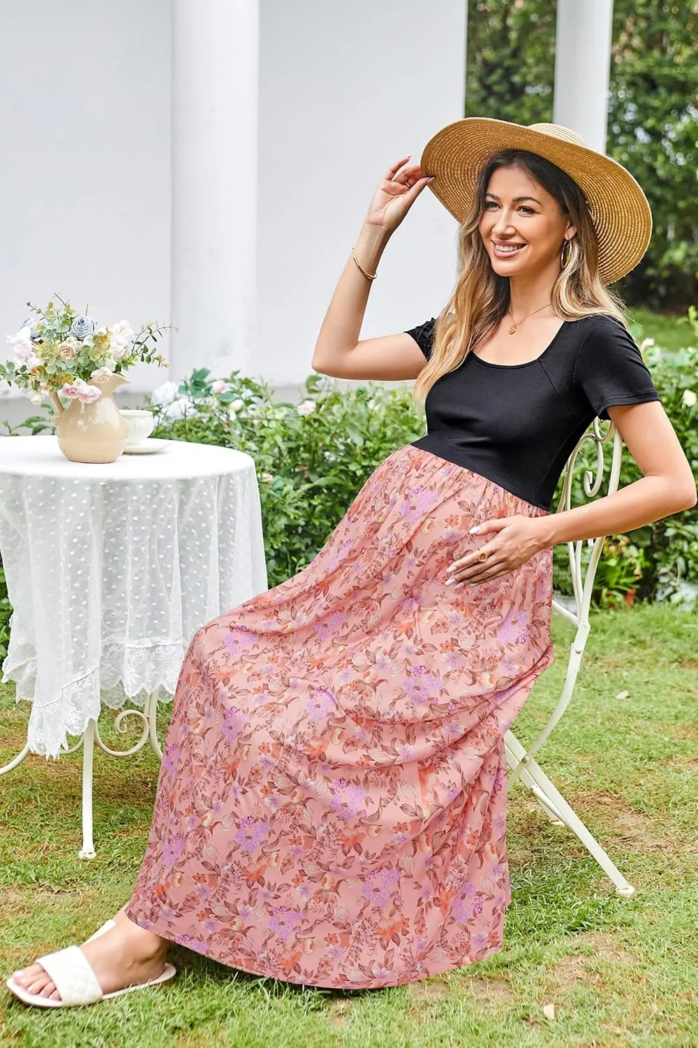OUGES Womens 2024 Summer Maternity Maxi Dress for Photoshoot Short Sleeve Baby Shower Casual Long Dress with Pockets