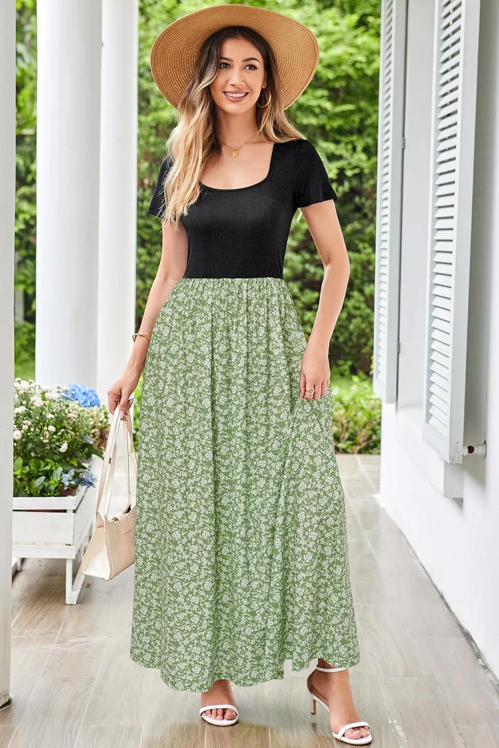 OUGES Womens 2024 Summer Maternity Maxi Dress for Photoshoot Short Sleeve Baby Shower Casual Long Dress with Pockets