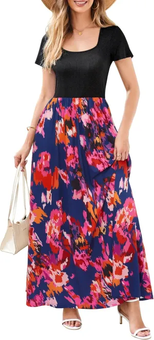OUGES Womens 2024 Summer Maternity Maxi Dress for Photoshoot Short Sleeve Baby Shower Casual Long Dress with Pockets