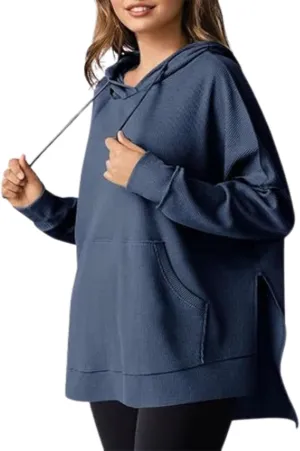 Oversized Hoodies for Women,Waffle Casual Long Sleeve Knit Drawstring Side Slit Pullover Sweatshirts with Pocket