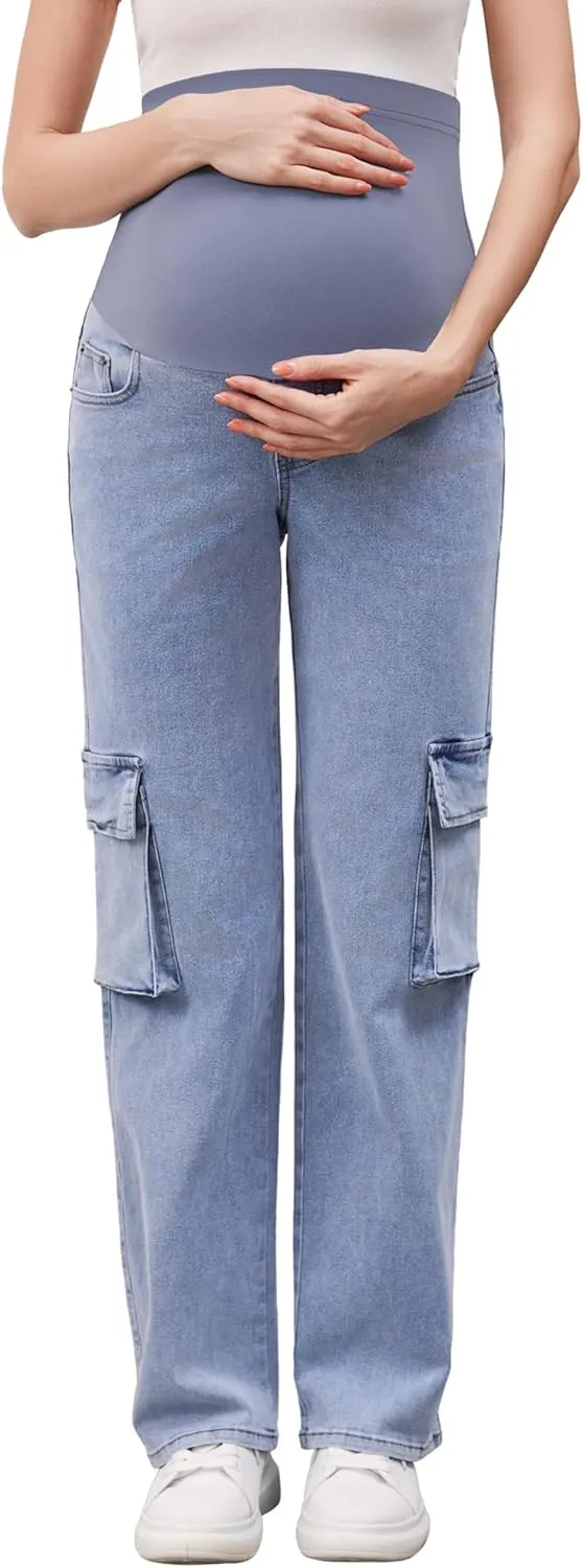 PACBREEZE Women's Maternity Jeans Cargo Straight Leg Relaxed Jeans Over Belly Comfy Denim Pregnancy Pants, S-XXL