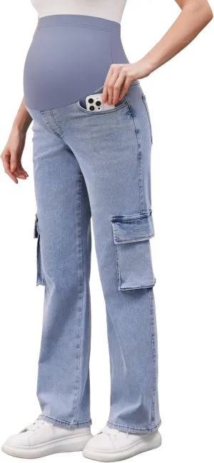PACBREEZE Women's Maternity Jeans Cargo Straight Leg Relaxed Jeans Over Belly Comfy Denim Pregnancy Pants, S-XXL
