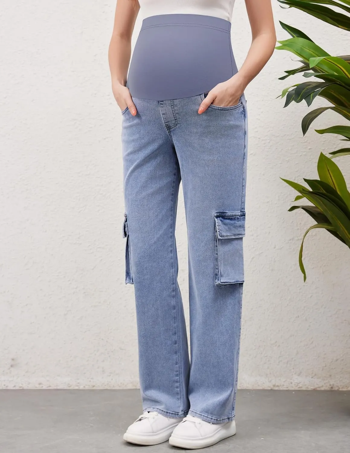 PACBREEZE Women's Maternity Jeans Cargo Straight Leg Relaxed Jeans Over Belly Comfy Denim Pregnancy Pants, S-XXL