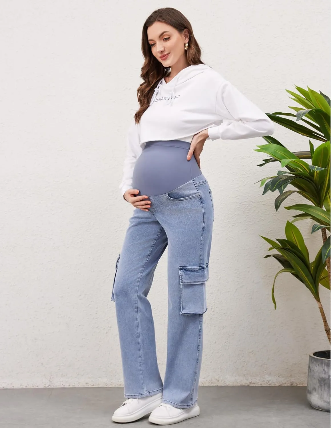 PACBREEZE Women's Maternity Jeans Cargo Straight Leg Relaxed Jeans Over Belly Comfy Denim Pregnancy Pants, S-XXL