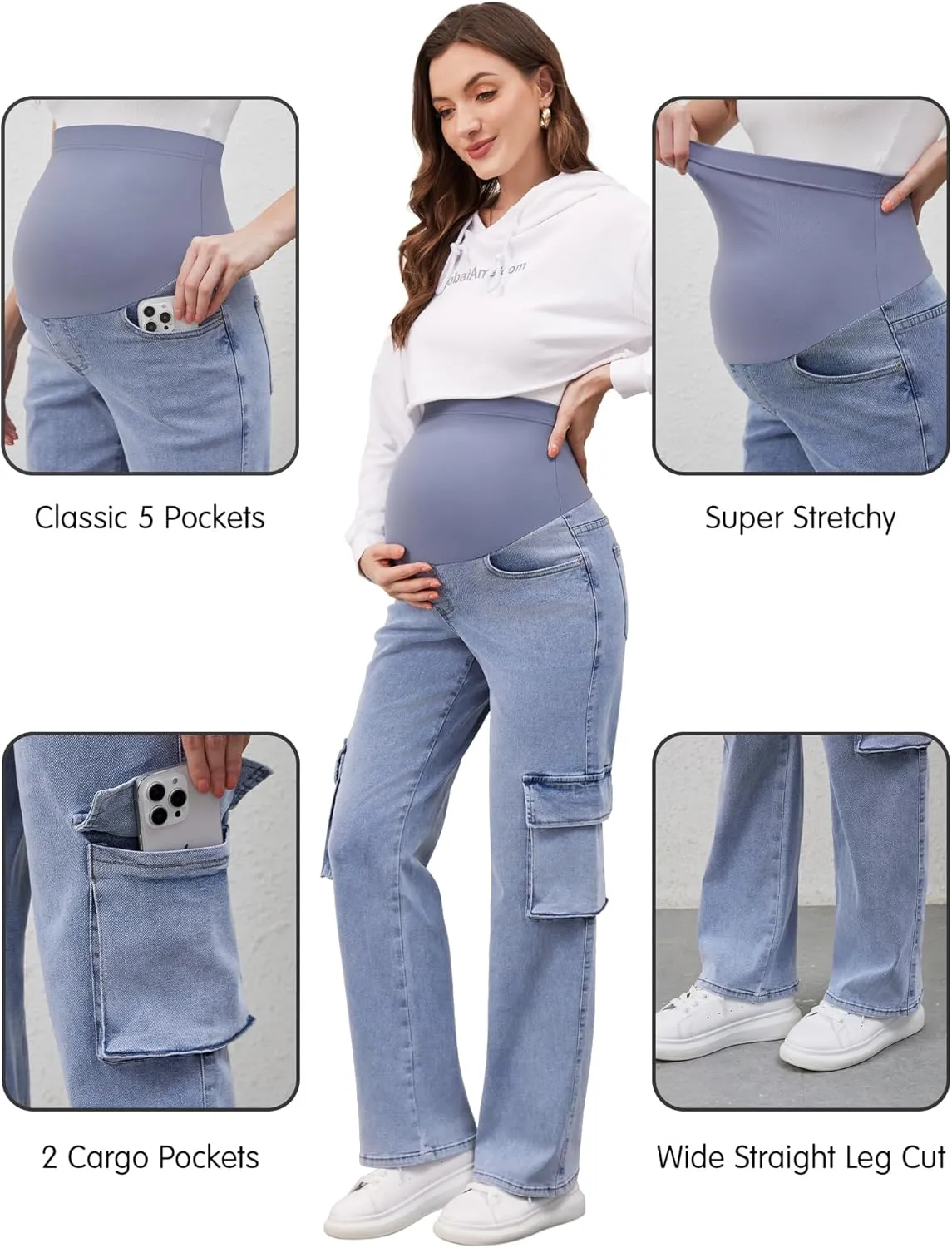 PACBREEZE Women's Maternity Jeans Cargo Straight Leg Relaxed Jeans Over Belly Comfy Denim Pregnancy Pants, S-XXL