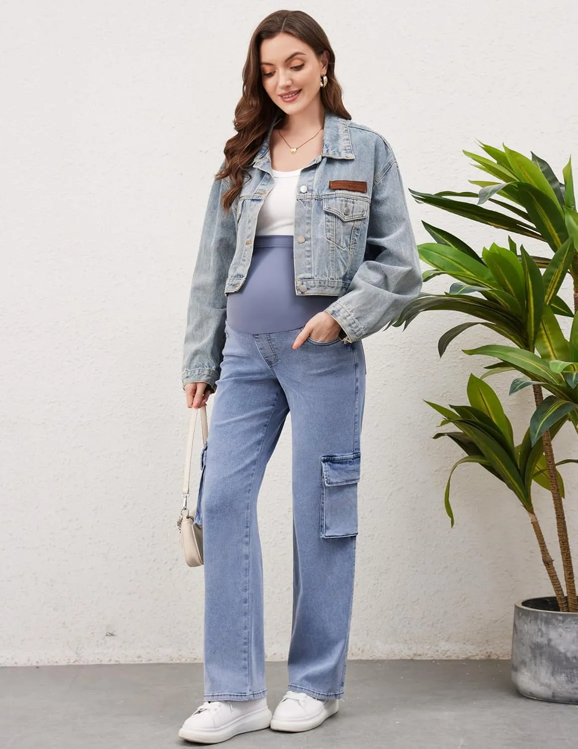 PACBREEZE Women's Maternity Jeans Cargo Straight Leg Relaxed Jeans Over Belly Comfy Denim Pregnancy Pants, S-XXL