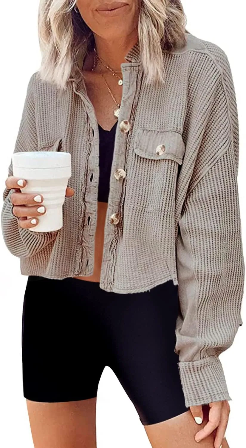 Panadila Women's Cropped Waffle Knit Shacket Short Button Down Jacket Batwing Sleeve Shirts with Pocket