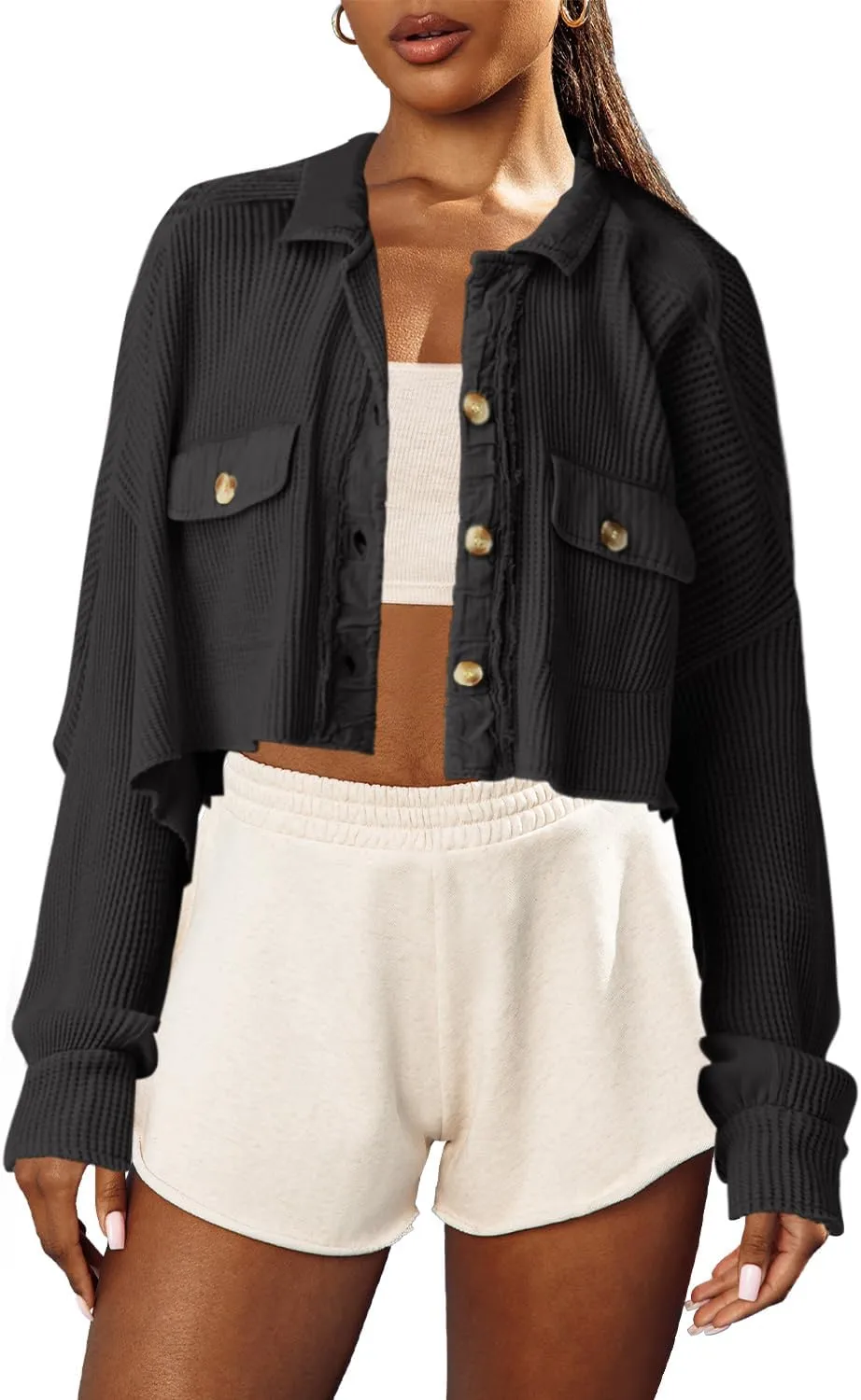 Panadila Women's Cropped Waffle Knit Shacket Short Button Down Jacket Batwing Sleeve Shirts with Pocket