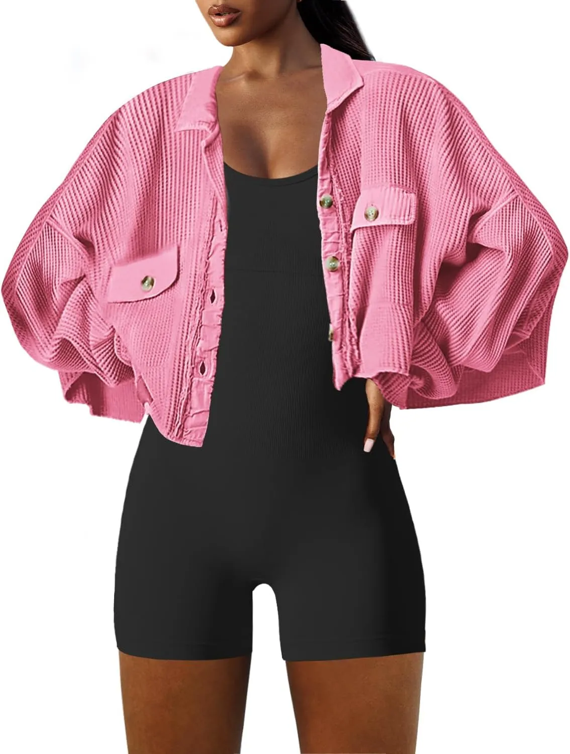 Panadila Women's Cropped Waffle Knit Shacket Short Button Down Jacket Batwing Sleeve Shirts with Pocket