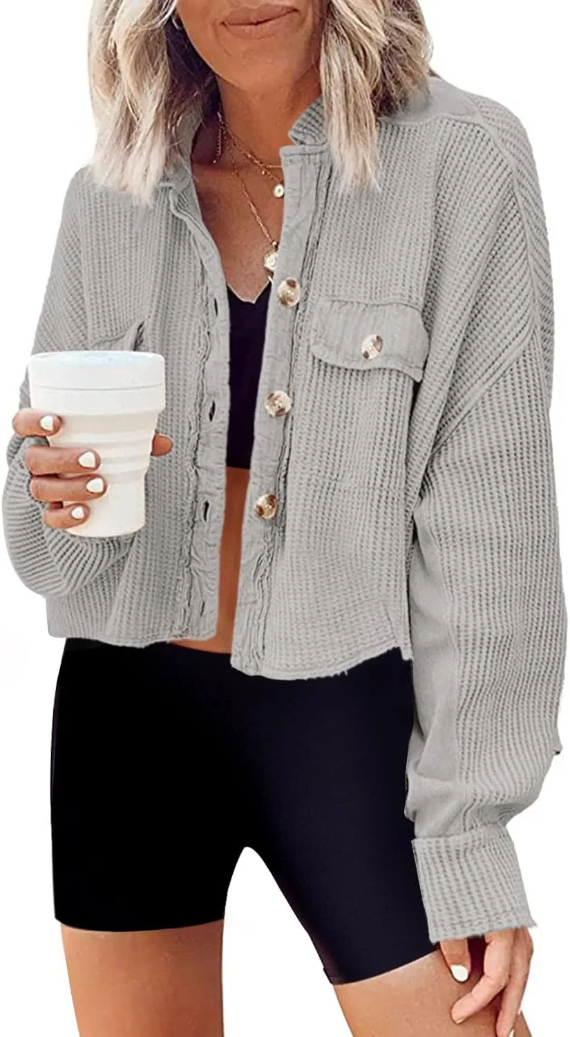 Panadila Women's Cropped Waffle Knit Shacket Short Button Down Jacket Batwing Sleeve Shirts with Pocket