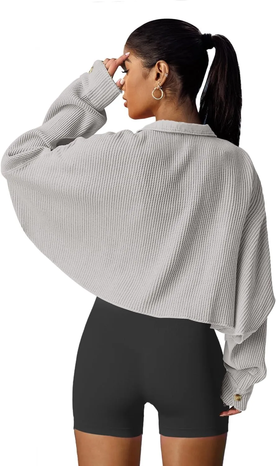 Panadila Women's Cropped Waffle Knit Shacket Short Button Down Jacket Batwing Sleeve Shirts with Pocket