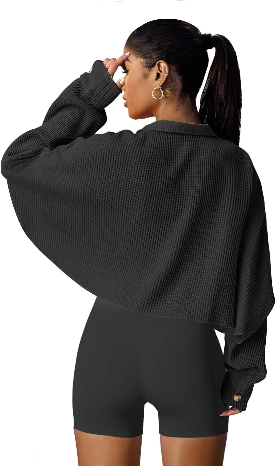 Panadila Women's Cropped Waffle Knit Shacket Short Button Down Jacket Batwing Sleeve Shirts with Pocket
