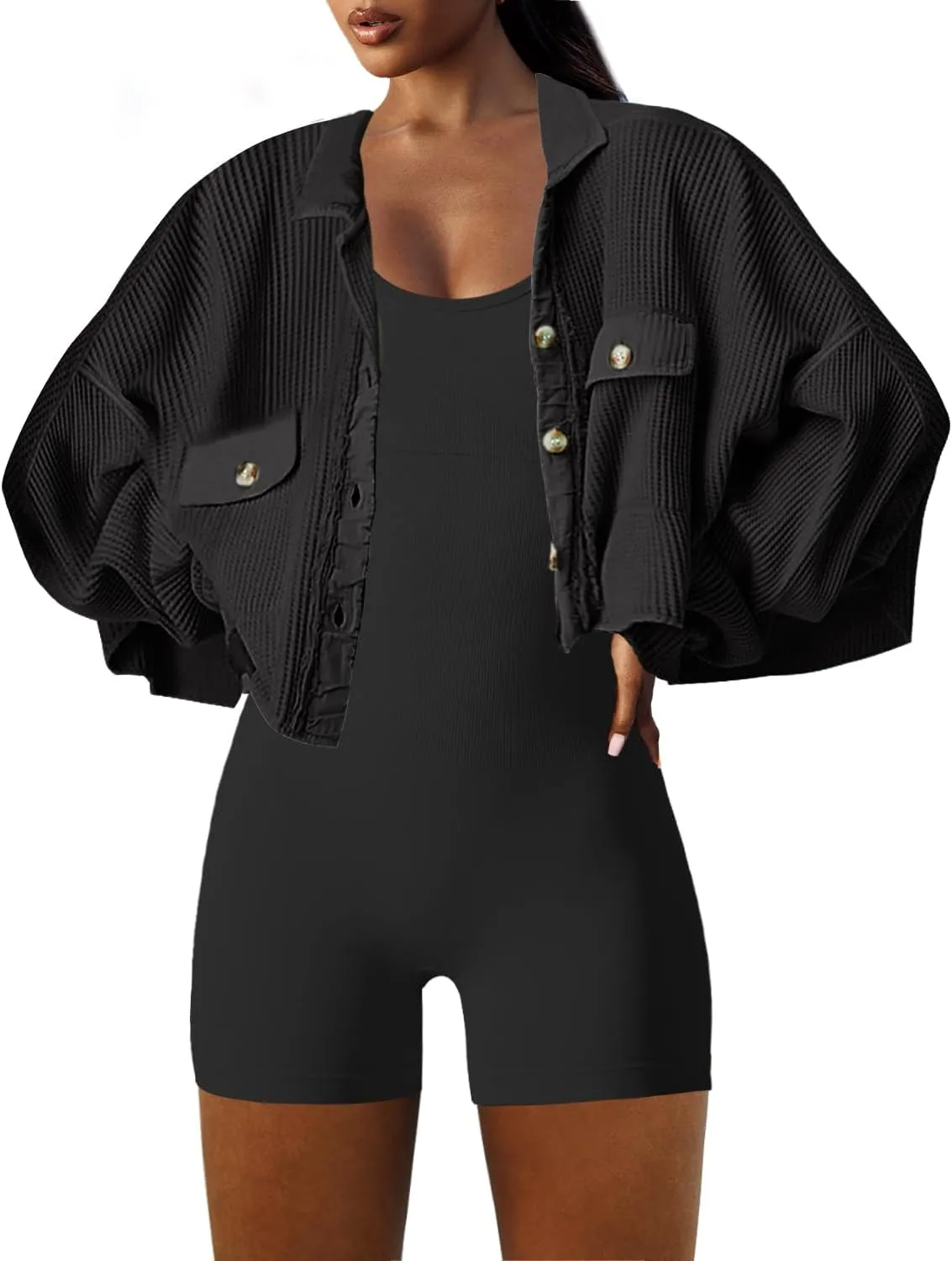 Panadila Women's Cropped Waffle Knit Shacket Short Button Down Jacket Batwing Sleeve Shirts with Pocket