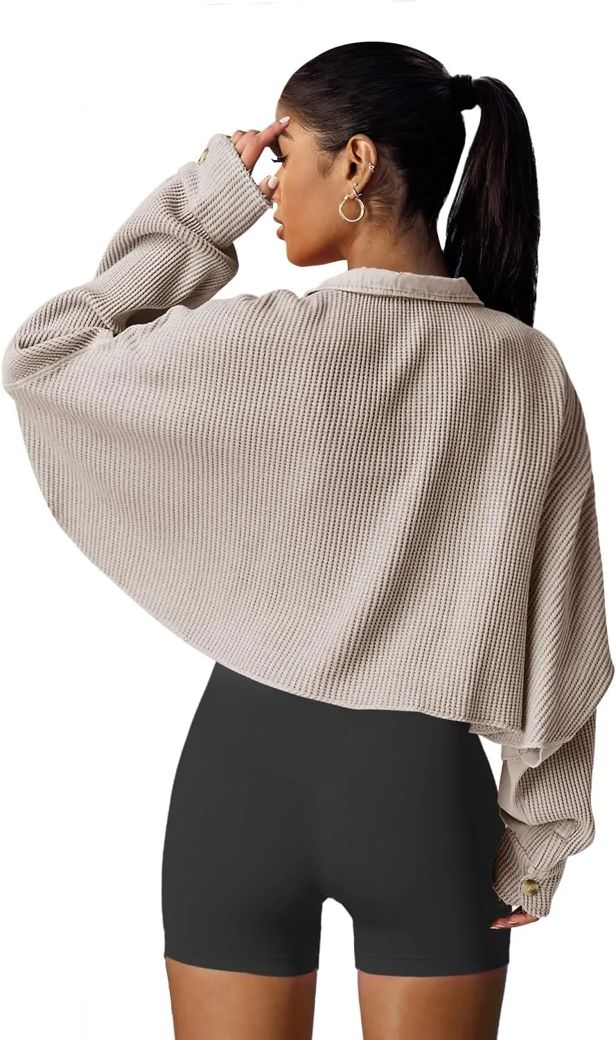Panadila Women's Cropped Waffle Knit Shacket Short Button Down Jacket Batwing Sleeve Shirts with Pocket