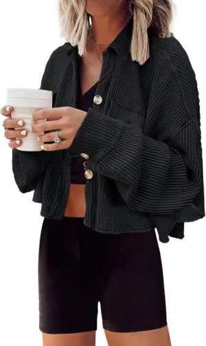 Panadila Women's Cropped Waffle Knit Shacket Short Button Down Jacket Batwing Sleeve Shirts with Pocket