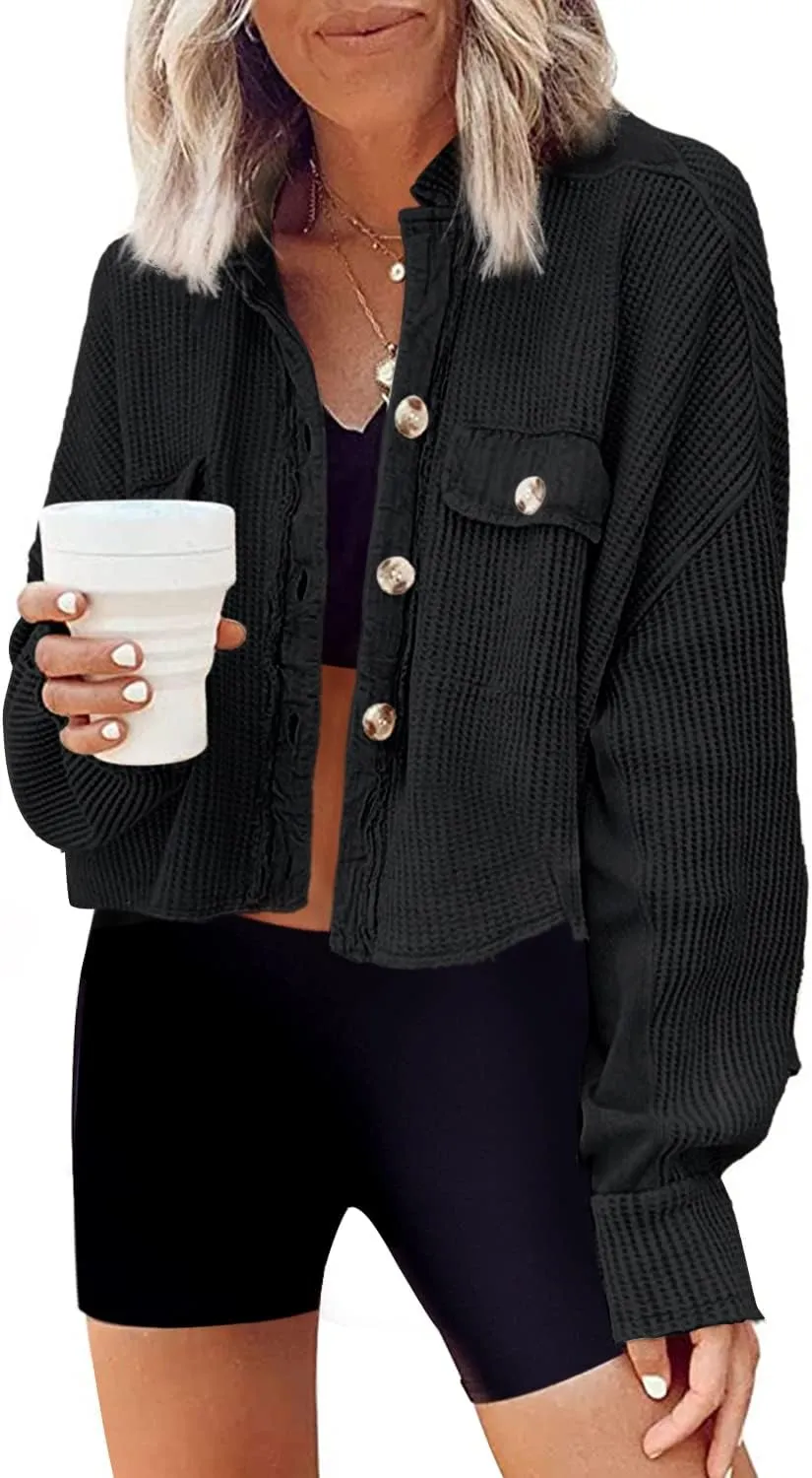 Panadila Women's Cropped Waffle Knit Shacket Short Button Down Jacket Batwing Sleeve Shirts with Pocket