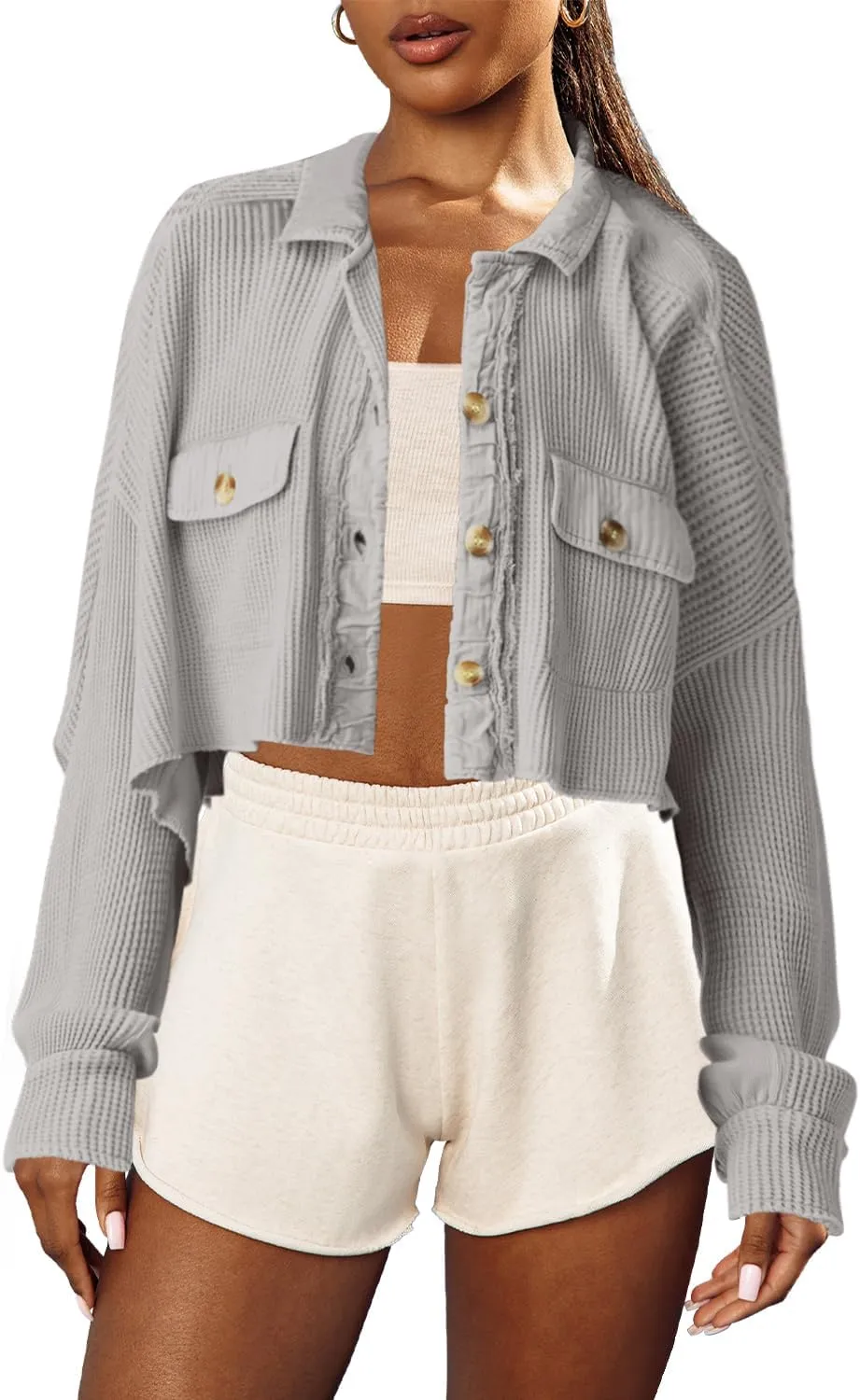Panadila Women's Cropped Waffle Knit Shacket Short Button Down Jacket Batwing Sleeve Shirts with Pocket