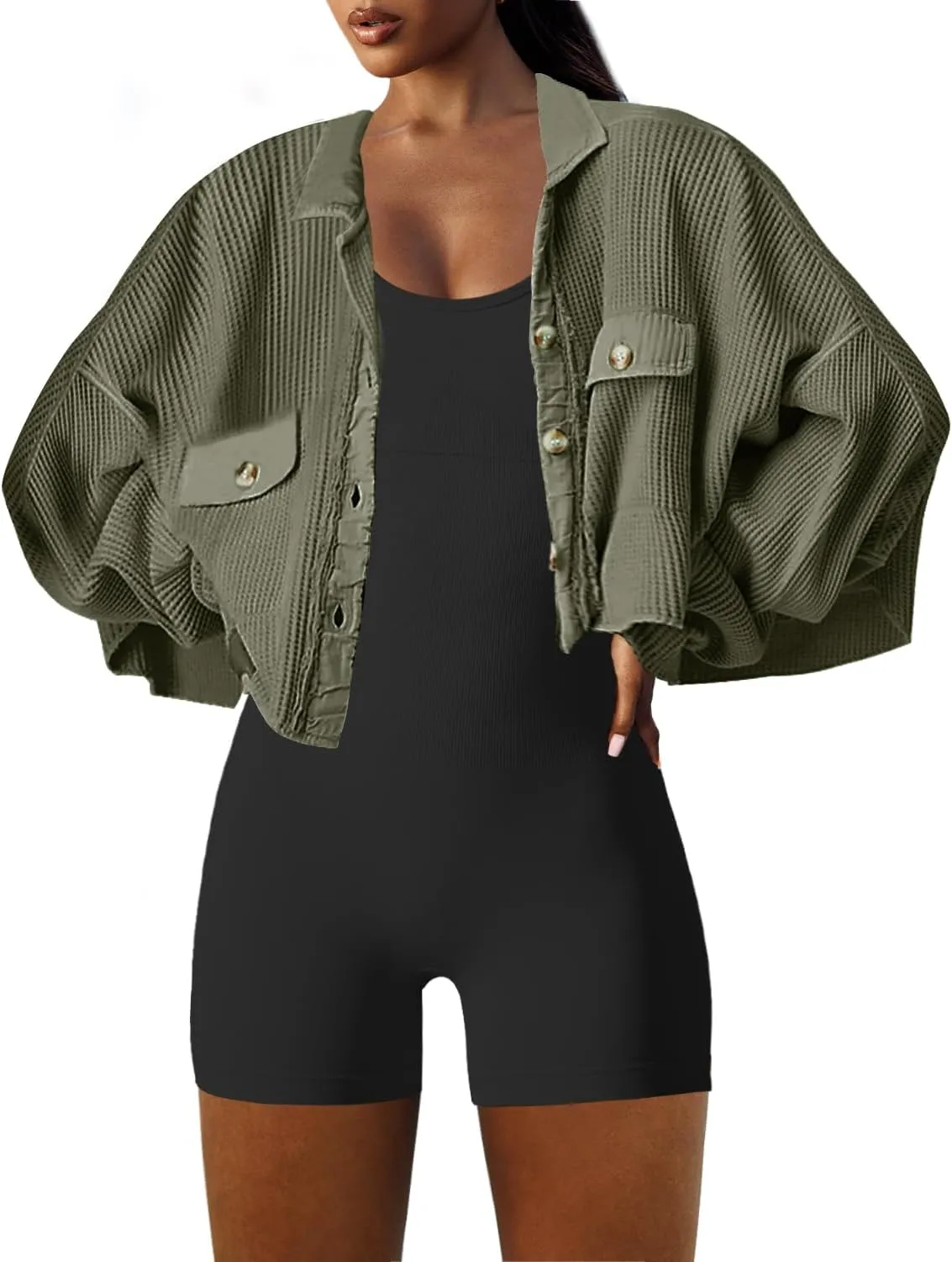 Panadila Women's Cropped Waffle Knit Shacket Short Button Down Jacket Batwing Sleeve Shirts with Pocket