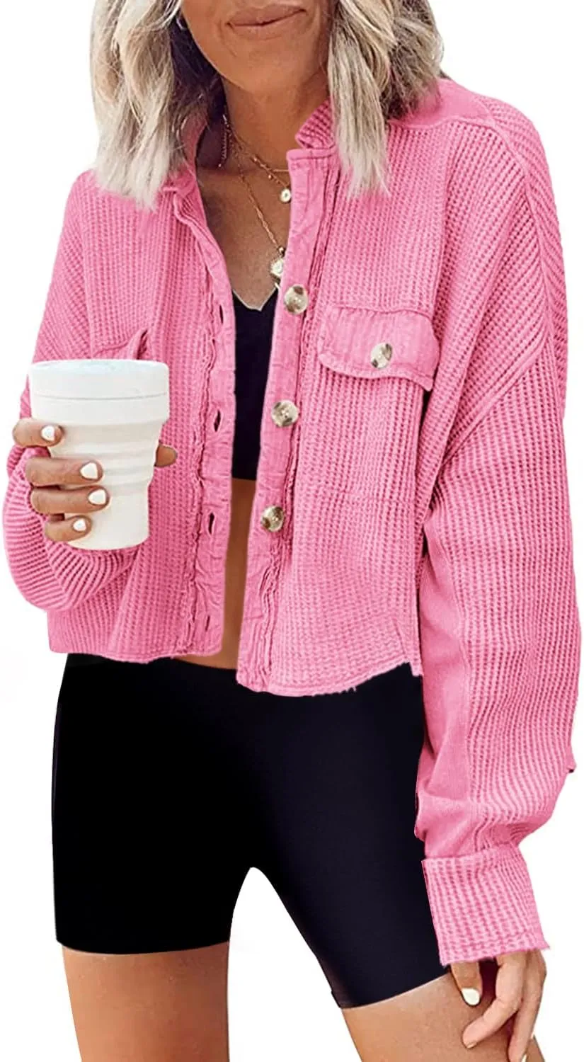 Panadila Women's Cropped Waffle Knit Shacket Short Button Down Jacket Batwing Sleeve Shirts with Pocket