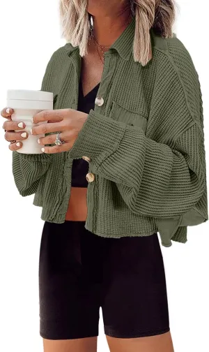 Panadila Women's Cropped Waffle Knit Shacket Short Button Down Jacket Batwing Sleeve Shirts with Pocket