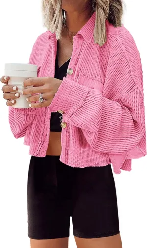 Panadila Women's Cropped Waffle Knit Shacket Short Button Down Jacket Batwing Sleeve Shirts with Pocket