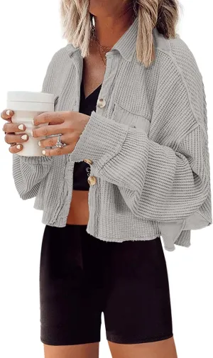 Panadila Women's Cropped Waffle Knit Shacket Short Button Down Jacket Batwing Sleeve Shirts with Pocket