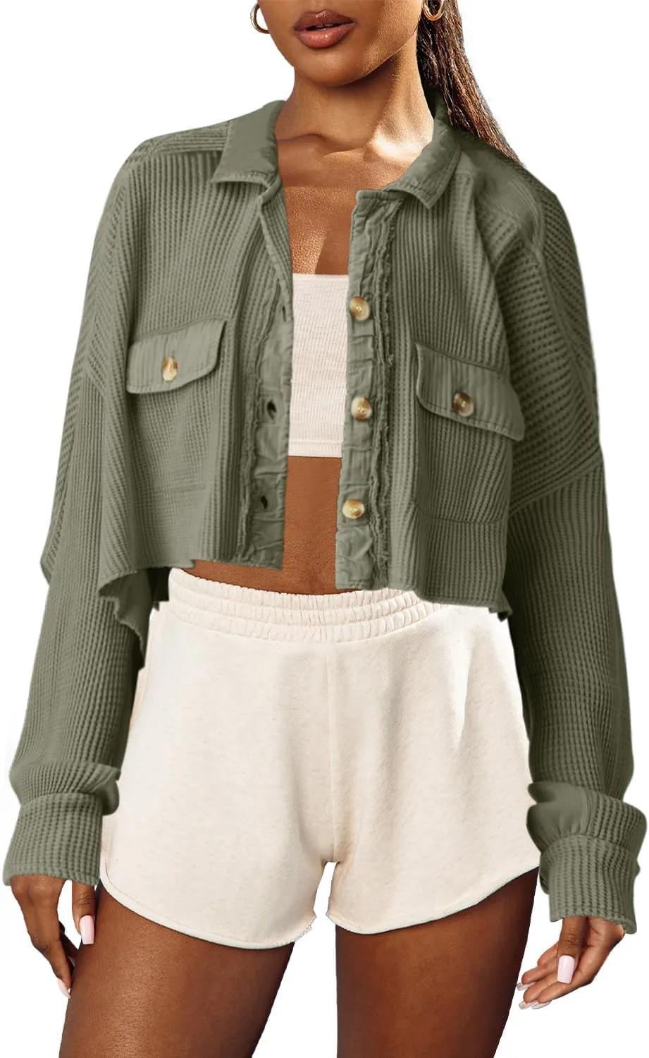 Panadila Women's Cropped Waffle Knit Shacket Short Button Down Jacket Batwing Sleeve Shirts with Pocket