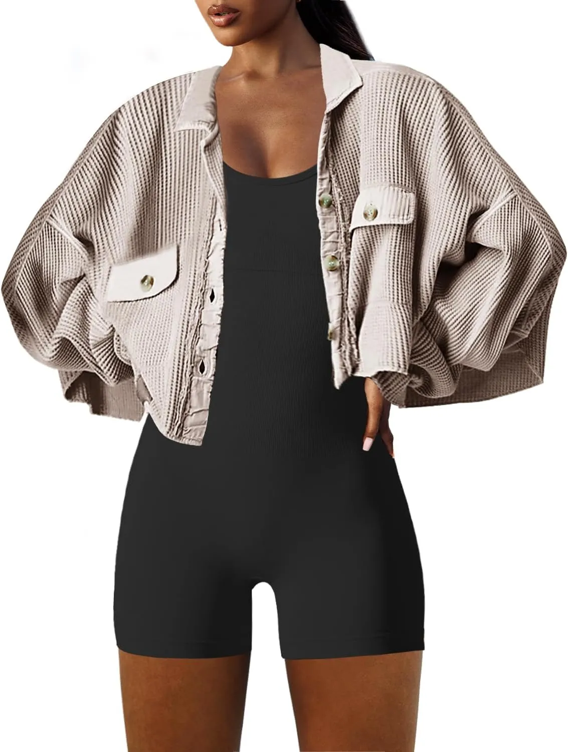 Panadila Women's Cropped Waffle Knit Shacket Short Button Down Jacket Batwing Sleeve Shirts with Pocket