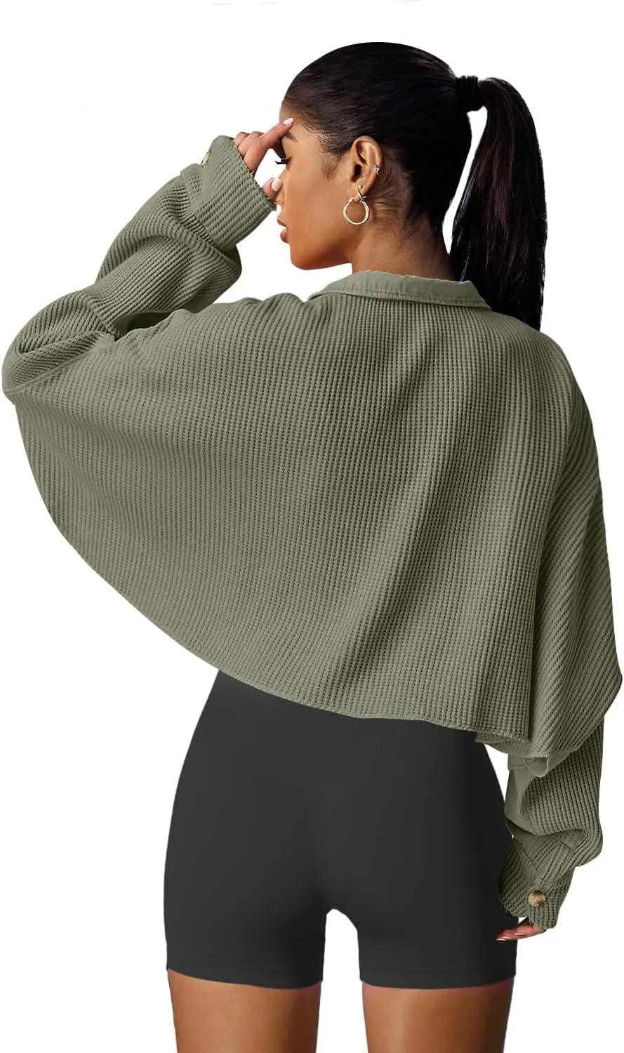 Panadila Women's Cropped Waffle Knit Shacket Short Button Down Jacket Batwing Sleeve Shirts with Pocket