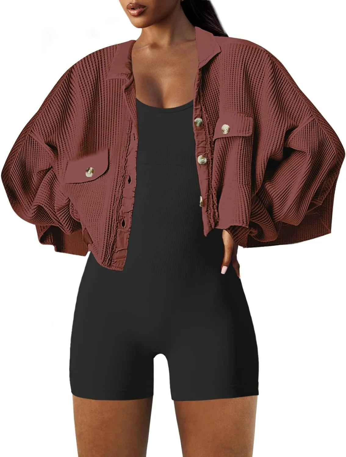Panadila Women's Cropped Waffle Knit Shacket Short Button Down Jacket Batwing Sleeve Shirts with Pocket