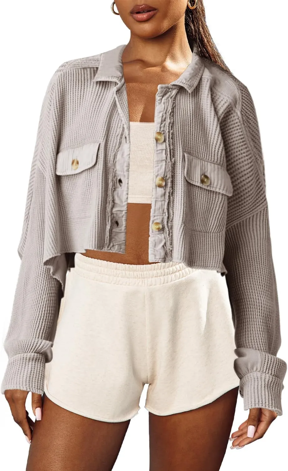 Panadila Women's Cropped Waffle Knit Shacket Short Button Down Jacket Batwing Sleeve Shirts with Pocket