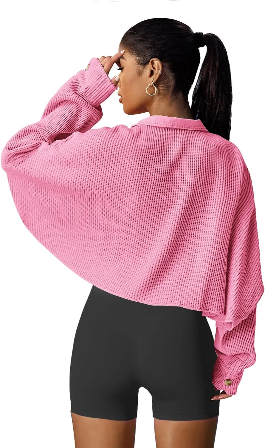 Panadila Women's Cropped Waffle Knit Shacket Short Button Down Jacket Batwing Sleeve Shirts with Pocket