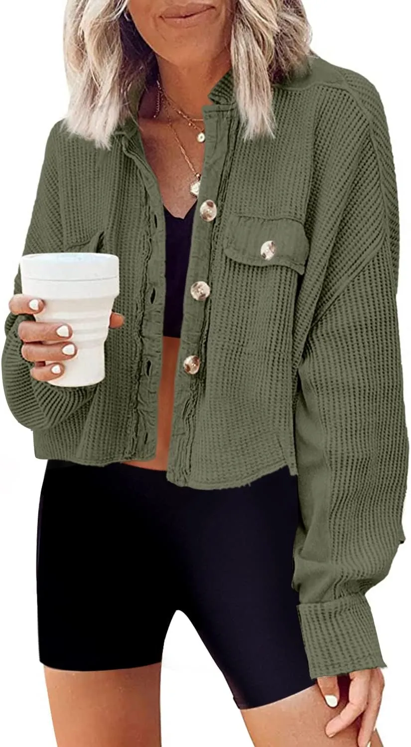 Panadila Women's Cropped Waffle Knit Shacket Short Button Down Jacket Batwing Sleeve Shirts with Pocket