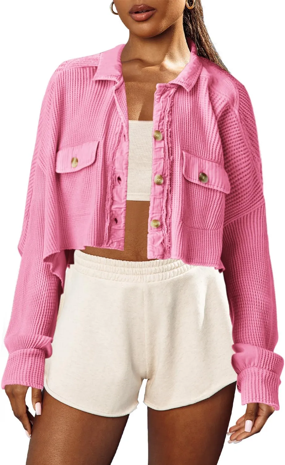 Panadila Women's Cropped Waffle Knit Shacket Short Button Down Jacket Batwing Sleeve Shirts with Pocket