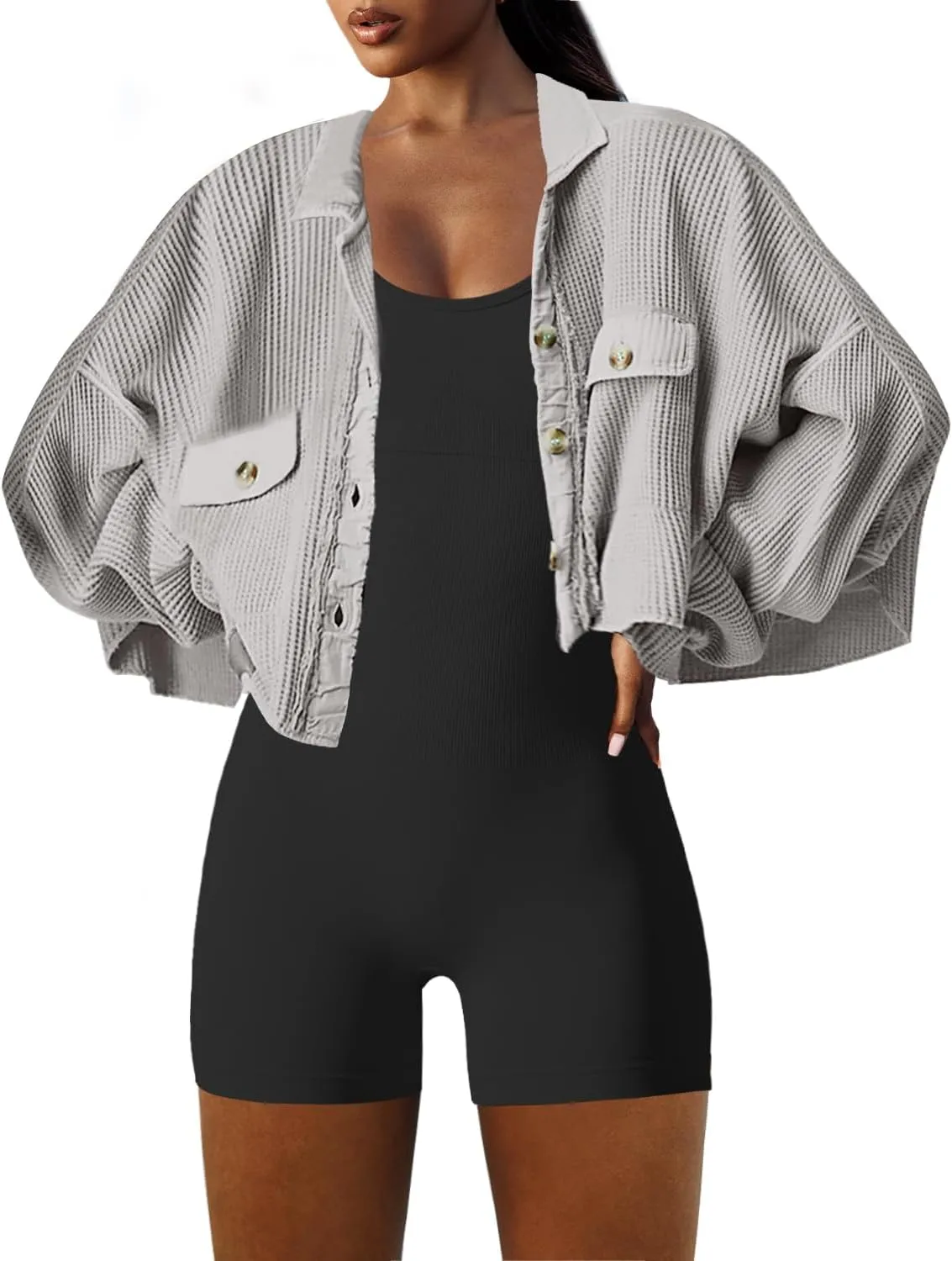 Panadila Women's Cropped Waffle Knit Shacket Short Button Down Jacket Batwing Sleeve Shirts with Pocket