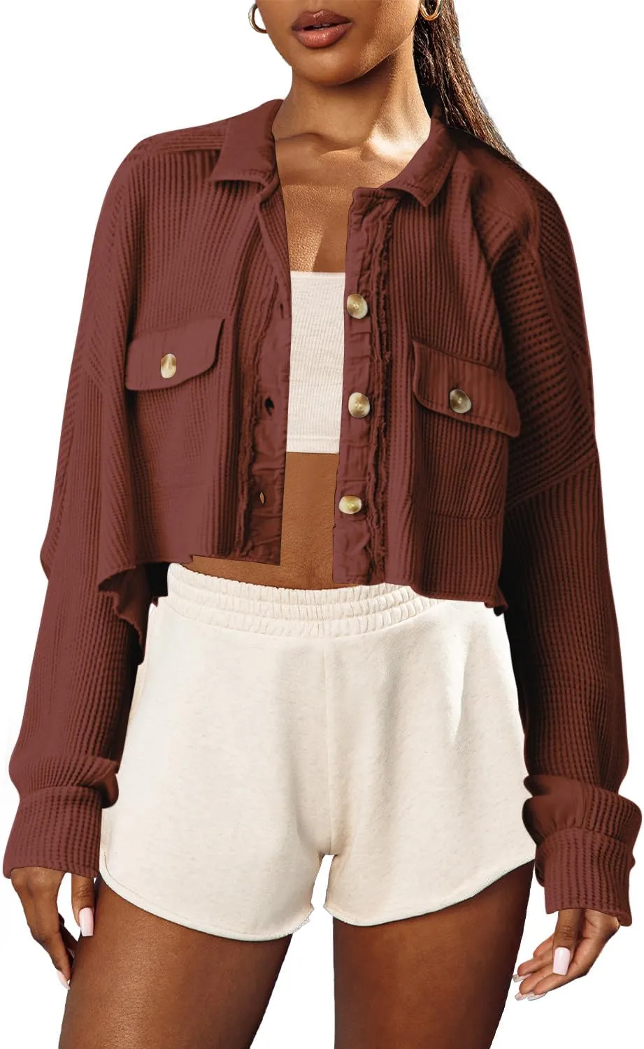 Panadila Women's Cropped Waffle Knit Shacket Short Button Down Jacket Batwing Sleeve Shirts with Pocket