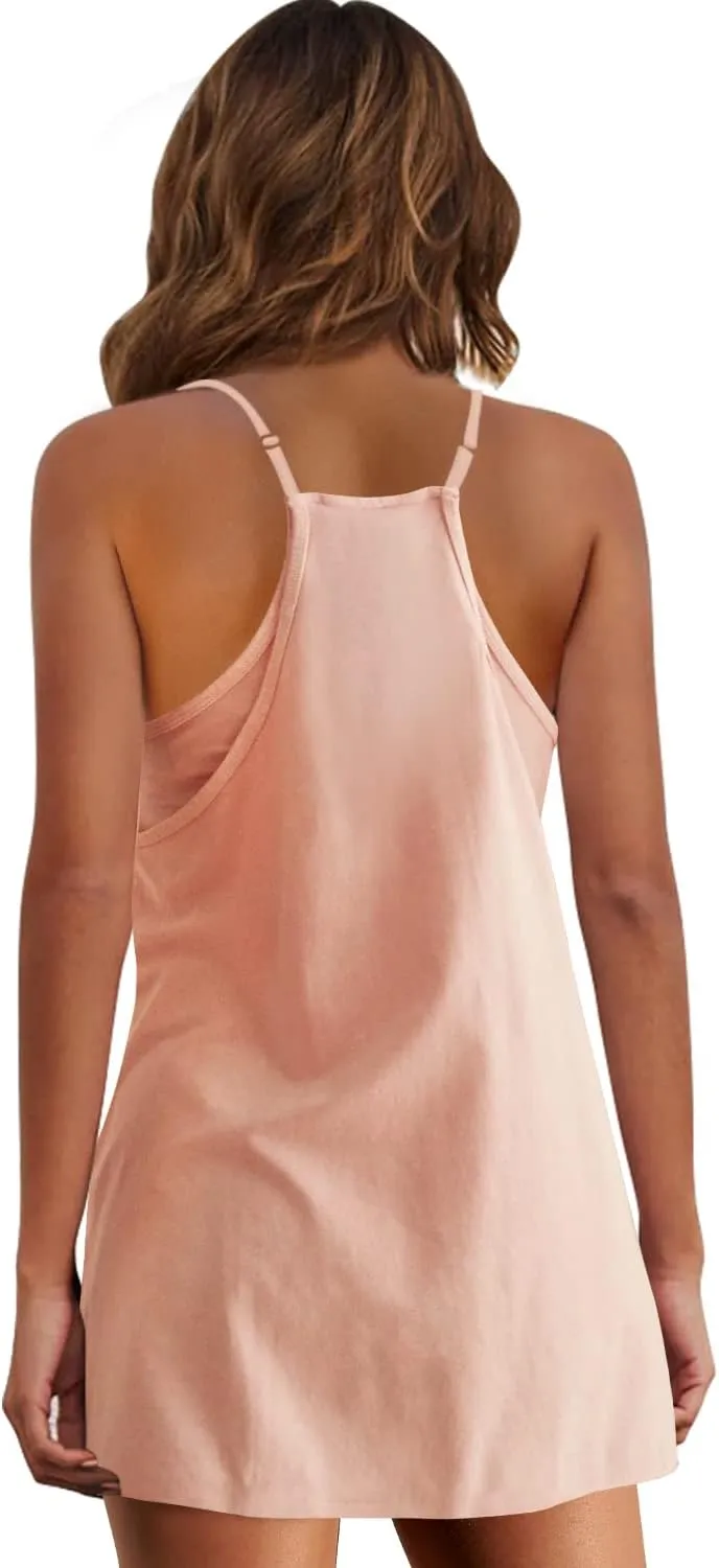 Panadila Womens Summer Sleeveless Mini Dress V Neck Spaghetti Strap Sundress Athletic Short Dress with Pockets