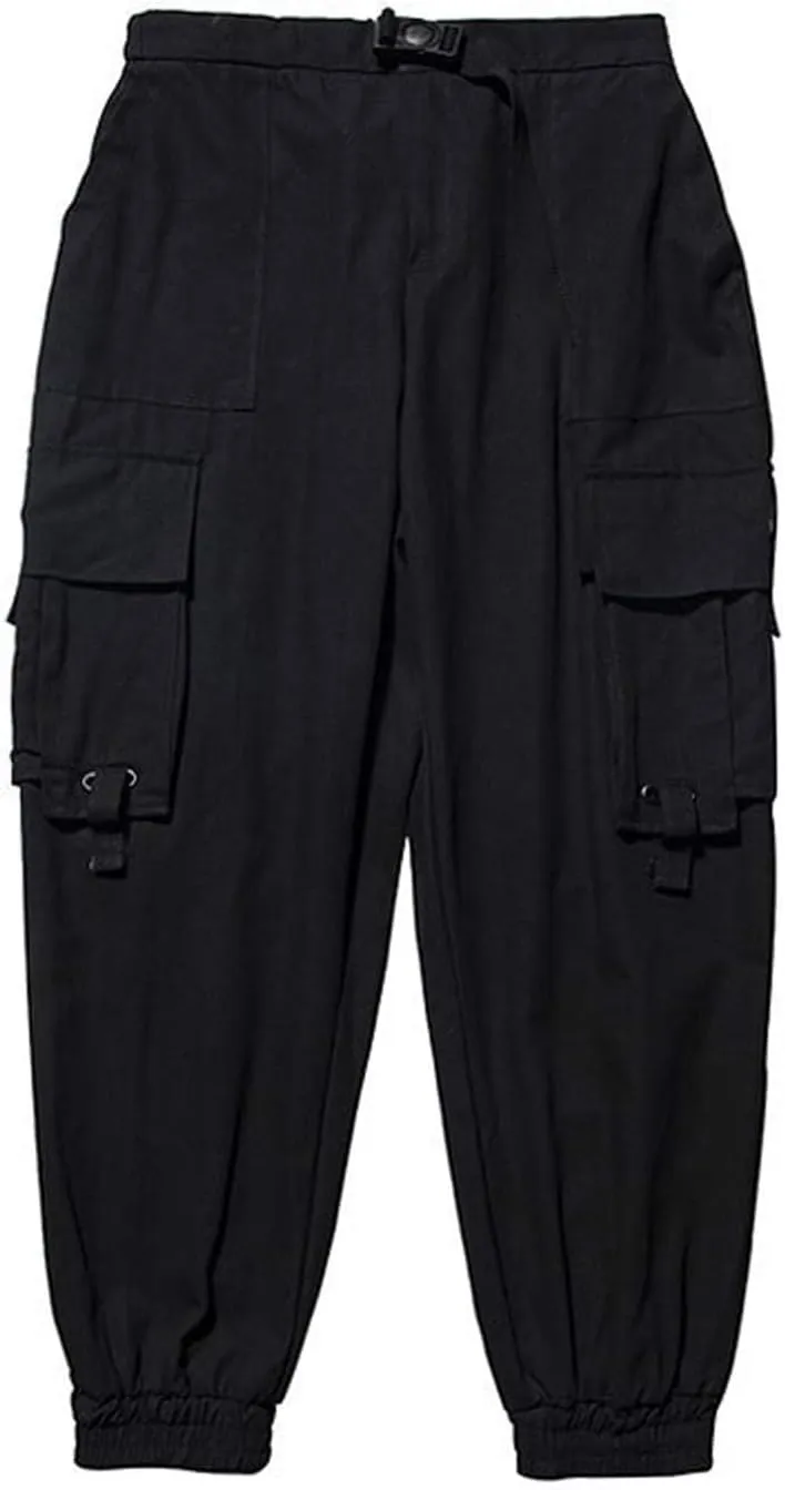 PAODIKUAI Men Techwear Matte Black Jogger Pants Relaxed Fit Streetwear Pants with Multiple Pockets